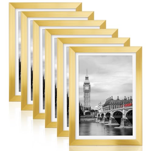 Fixwal 5x7 Picture Frame Set of 6 with Shatter Resistant Plastic Glass Thin Border and Light Weight Photo Frames for Wall or Tabletop Display Gold