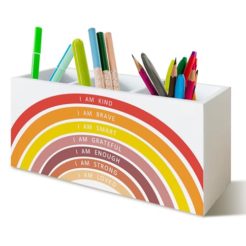 YTRGI Red Boho Rainbow Positive Affirmations Pen Pencil Holder for School Classroom Office Desk, Book Center Calming Corner Playroom Decor, Inspirational Makeup Brush Toothbrush Holder Organizer