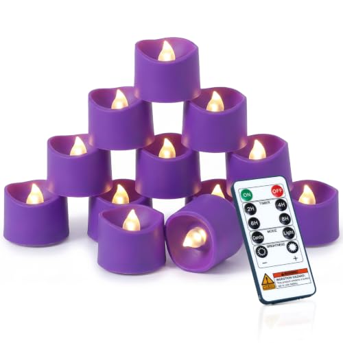 Image of Homemory 12-Pack Purple Remote Flameless Battery Tea Light Candles 400+ Hrs | 2 /4 /6 /8H Timer LED Flickering Tealight Votives for Party Ambience, Halloween Decor, Memorials and Lavender Weddings