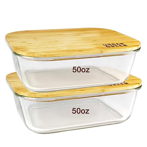 Urban Green Glass Container with Bamboo Lid, 2 Pack of 50oz, Large Glass food storage Container with Lids, Meal Prep Containers Set of 2