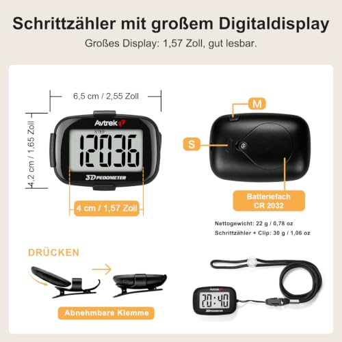 AVTREK Präziser 3D-Schrittzähler mit Clip und Lanyard,für Gehen oder Laufen