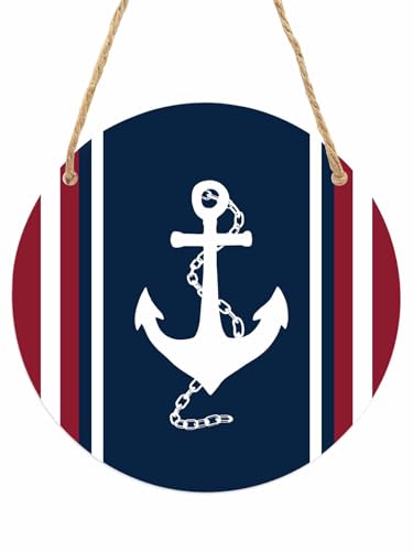 Navy Blue Red Stripe Round Front Door Welcome Sign, 7.8 Inch Wall Hanging Decor for Indoor Outdoor, Coastal Nautical Anchor Farmhouse Home Porch Hanger Decorations for Holiday Gift
