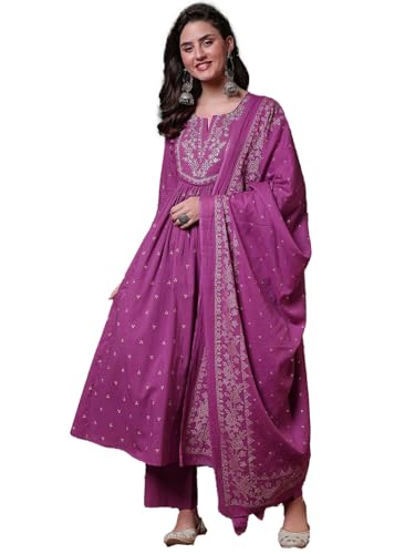 Image of PARTHVI Women's 100% Pure Cotton Anarkali Kurta Set with Pant & Dupatta | Embroidered Flared Kurta | Elegant Ethnic Suit