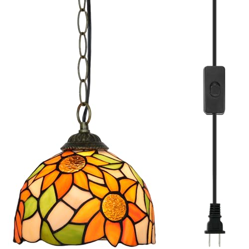 Blivuself Lámpara Colgante Tiffany Amarillo Girasol Vidriera Colgante 8 Pulgadas Decoración Vintage Iluminación para Hogar Salón Comedor Pasillo Cocina Isla