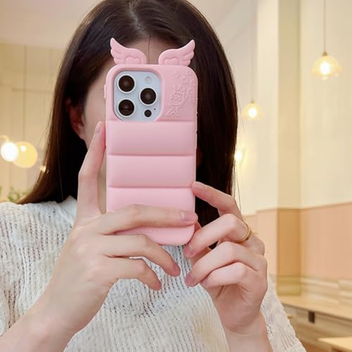 MAYABABY iPhone ケース かわいい 人気 韓国風 ぬいぐるみ ダウンジャケット 天使 に翼を付ける シリコンケース 落下防止 耐衝撃 スマホケース アイフォンカバー 軽量 指紋防止 ダウンジャケット ふかふか ファッション (ピンク, iPhone 16)