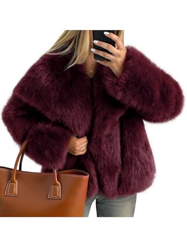 Kissonic Women Faux Fur Coat Long Sleeve Lapel Open Front Shaggy Furry Jacket Warm Fluffy Short Outwear(WineRed-S)