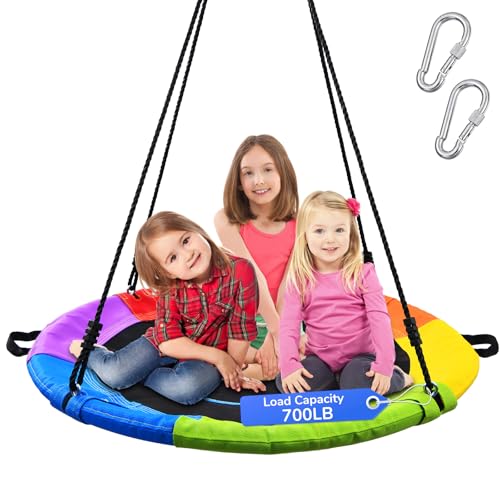 Trekassy 40 Nest Tree Swing Seat - 320kg/700lbs Weight Capacity, 900D Textilene Weatherproof Saucer Swing with Adjustable Hanging Ropes, Safe Outdoor Kids/Adult Swing for Backyard (Rainbow)