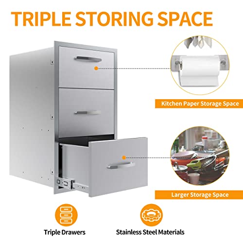 Image of 17W x 30H x 21D Inch Outdoor Kitchen Stainless Steel Triple Access Drawers with Paper Towel Holder Combo for Outdoor Kitchen Island or Grill Station