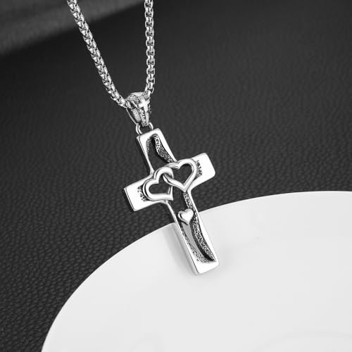 HZMAN Love Heart Cross Necklace for Men Women Stainless Steel Retro Hollow Intertwined Hearts Love Cross Pendant Necklace Jewelry Gift (Silver) - Thumbnail 5
