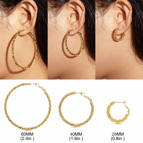 Large Gold Hoops Earrings for Women - 14K Gold Thin Twisted Hoop Earrings with 925 Sterling Silver Post, Hypoallergenic 20mm 40mm 60mm4
