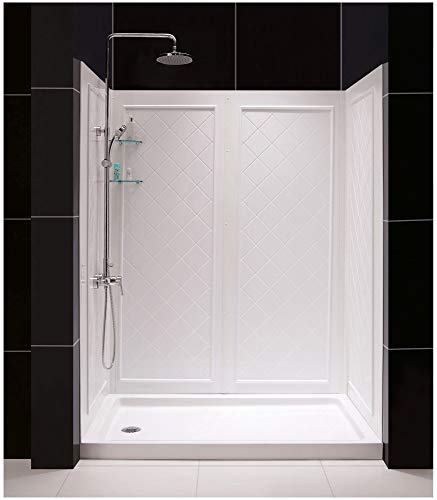 DreamLine 30 in. D x 60 in. W x 76 3/4 in. H Left Drain Acrylic Shower Base and QWALL-5 Backwall Kit In White DL-6189L-01