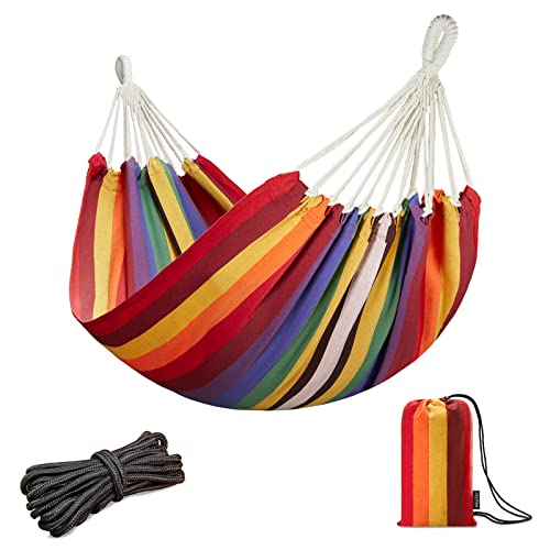 Image of JoyView Brazilian Hammock for Single Person Portable Hammock with Hanging Ropes & Carry Bag Large 78.8x39.4 inch for Patio 300LBS Capacity Perfect for Outdoor /Indoor - Red Stripes