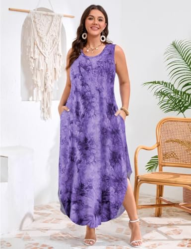 Image of JollieLovin Women Plus Size Summer Tank Maxi Dresses Sleeveless Causal V Neck Beach Long Dresses Swim Cover up (L-5X)