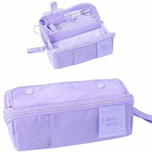 Image of Canvas School Bag Pencil Case, 3 Layer 6 Compartment Large Capacity, Aesthetic Pencil Pouch for Stationary, Cute Stationery for Kids, Pencil Case for Girls & Boys (Soft Purple)