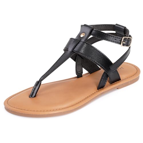 mazeskin Women's T Strap Memory Foam Thong Flats Sandals Summer Comfortable Strappy Adjustable Ankle Buckle Dressy Sandals