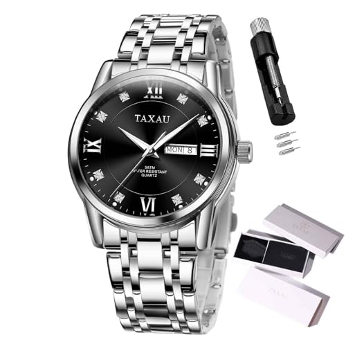 Taxau Men's Wrist Watches Black Watches for Men Business Big Face Roman Numerals Mens Watches Luxury Dress Diamond Day Date Men Watch Analogy Quartz Water Resistant Men Watch