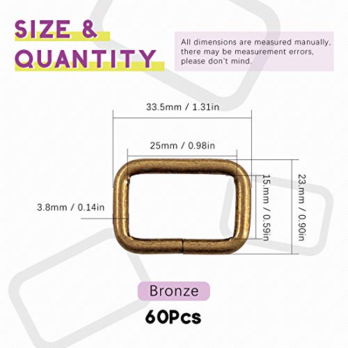 Swpeet 60Pcs 3/4 Inch - 20Mm Bronze Metal Rectangle Ring, Webbing Belts Buckle Metal Rings For For Belt Bags Diy Accessories Keychains Belts And Dog Leash (Bronze, 3/4 Inch) #TOP1