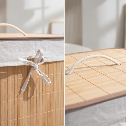 Image of HOKIPO Eco-Friendly Foldable Bamboo Laundry Basket Hamper with Lid, Large - 81 Liter, Light Brown (AR1537)