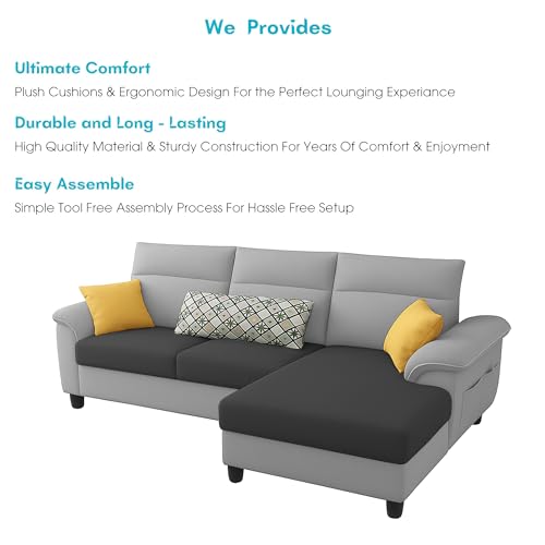Image of Casaliving Seams RHS 4 Seater L Shape Sofa for Living Room (Black Grey Fabric) Premium Fabric Sofa