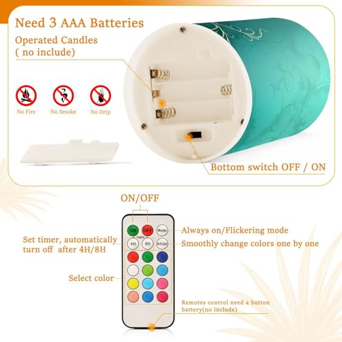 Image of Teal Lights Flameless Candles Vintage Turquoise Green Roses Pillar Candles Set of 2 Battery Operated Remote Control Warm Lights Home Decor