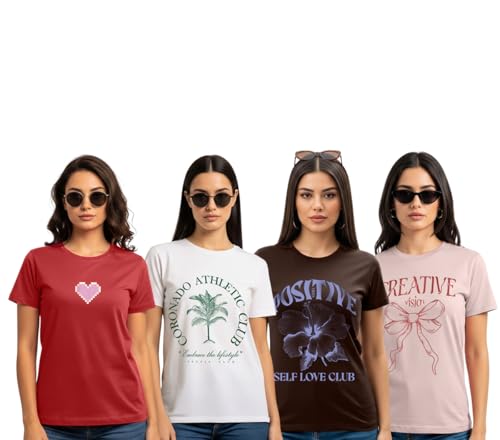 Image of Cotton Blend Regular Fit Half Sleeve Printed Round Neck Multicolor Drop Shoulder T-Shirt for Womens & Girls (Pack of 4)