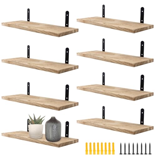 MAHIONG 8 PCS Wooden Shelves for Wall, Floating Wood Shelves with Screws, Wall Mounted Rustic Wall Shelf for Bathroom, Kitchen, Bedroom, Living Room, Workshop, 40 x 15 x 1.5cm