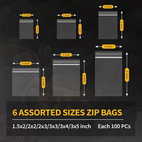 600 Pack Mini Zipper Lock Plastic Bags, Assorted Sizes (1.5x2, 2x2, 2x3, 3x3, 3x4, 3x5 Inch) – Clear, Resealable Storage Bags for Jewelry, Beads, Pills, Toys, Snacks – 2 Mil Thick2