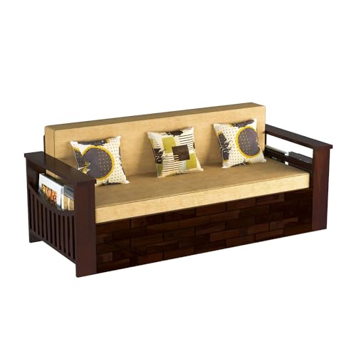 Image of Mamta Furniture Solid Wood Foster 3 Seater Sofa Cum Bed with 40 Density Cushions for Living Room, Three Seater Sofa Bed for Home, Sofa Com Bed, Sheesham Wood Natural Walnut Finish