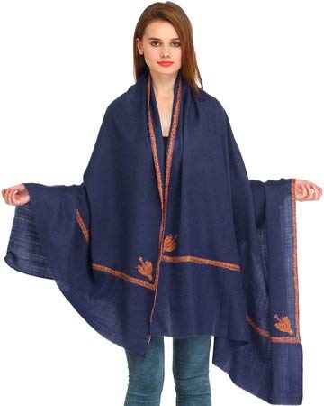 exotic india Women's Plain Kashmiri Kingri with Sozni Hand-Embroidery on Border Pure Wool Shawl (SWJ26--algiers-blue)-picture-29