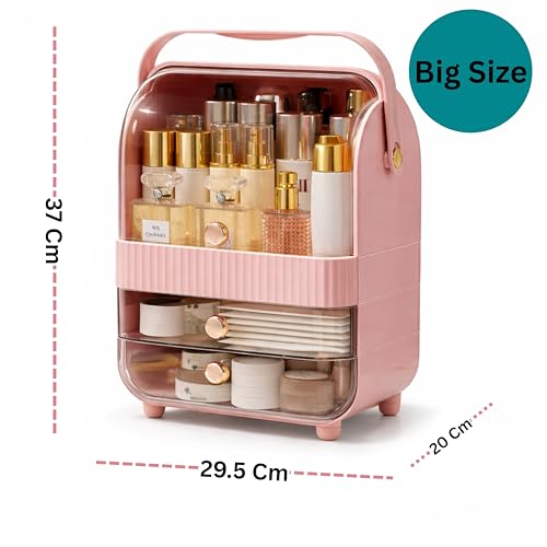Image of JIALTO Large Cosmetic Organizer Box with Handle - Dustproof Makeup Storage Cabinet with Drawer, Skincare & Perfume Organizer for Vanity, Dressing Table & Bathroom Countertop (37x29.5x20 cm, Pink)