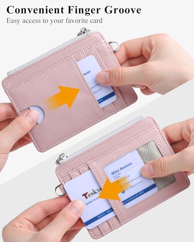 Image of Teskyer Slim RFID Wallet for Women, Small Card Holder with Zip Pocket, Dark Pink, 3.5 inch x 4.7 inch, Minimalist | Zip Pocket for Cash Coin, 1 ID Window & 7 Card Slots, Ultra Slim Design, D-Ring for Neck Lanyard, for Daily Carry and Travel
