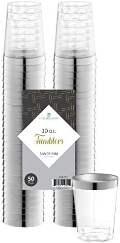 Silver Plastic Cups 10 Oz. Pack Of (50) Clear Disposable Plastic Cups - Silver Rim Cups - Fancy Hard Plastic Cups - Party Accessories - Wedding - Elegant Clear Cups- Tumblers