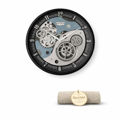 Image of ARMONIA Mechanical Moving Gear Wall Clock for Living Room | 46 cm Acrylic Industrial Steampunk Analog Wall Clock | Real Moving Gears, Dual Tone Design | Modern Home & Office Decor | Silver Black