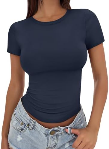 Trendy Queen Womens Basic T Shirts Summer Tops 2026 Crop Short Sl...