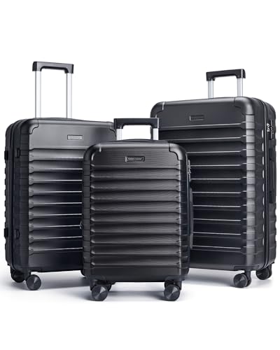 LIGHT FLIGHT Luggage Sets, 3 Piece Durable Suitcase Set with Spinner Wheels, 3 Pcs Hardside Lightweight luggage with TSA Lock, Large Checked Travel Suitcases, 20/24/28 Inch, Black