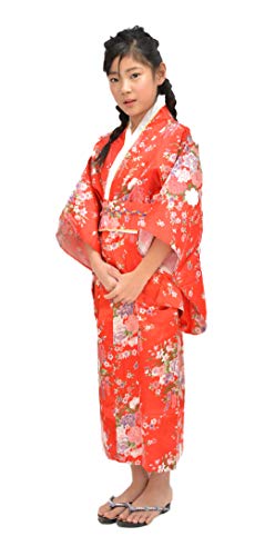 Tikusan Japanese Traditional Dress Kimono Yukata Robe for Kids Girls Costume (8-9 Years, Red)