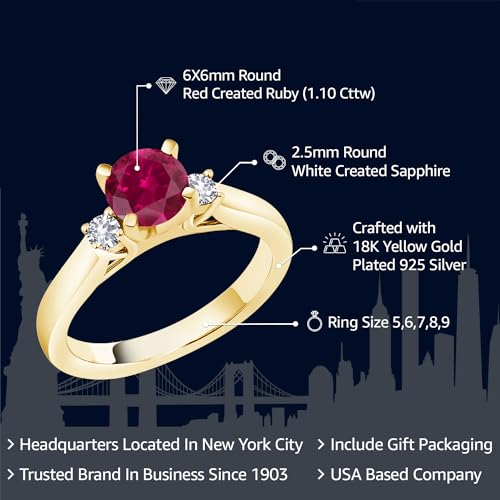 Gem Stone King 18K Yellow Gold Plated Silver Red Created Ruby and White Created Sapphire 3-Stone Engagement Ring For Women (1.10 Cttw, Round 6MM, Gemstone July Birthstone, Available in Size 5,6,7,8,9)2