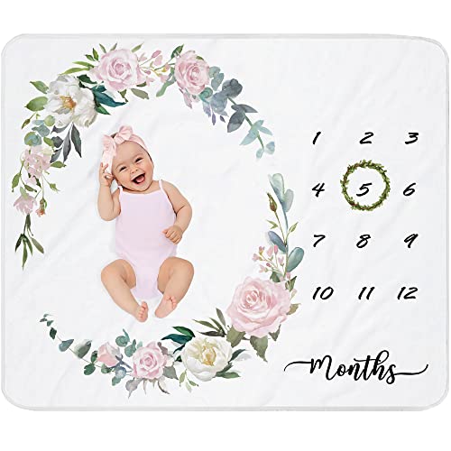 Image of fundich Baby Milestone Blanket Girl|Newborn Monthly Milestone Blanket|Rose Nursery Decor|Baby Girl Photo Background Prop Picture Blanket with Wreath and Headband