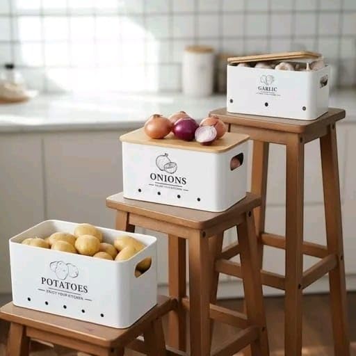 Image of 3 Pieces Potato Onion Storage Bin Sturdy for Kitchen Counter Farmhouse Decor white|Home & Garden | Kitchen Storage & Organization |3 Food Storage Containers (White)