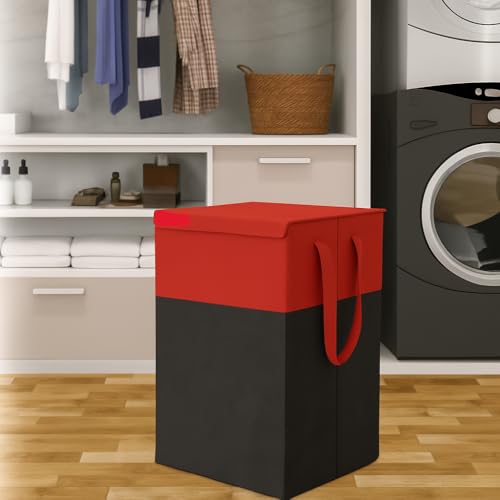 Image of Homerz Premium Folding Laundry Basket for Clothes with lid and handles, 24X17X47 inch size, Laundry Bag Cloth Basket Non Woven Laundry Bin Laundry Bags for Clothes Freestanding (Red)