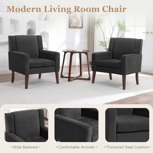 Image of Accent Chairs Set of 2, Mid-Century Reading Chair with Wood Legs, Upholstered Comfy Living Room Chair for Bedroom, Apartment, Waiting Room, Dark Grey