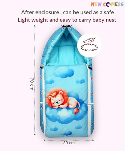 Image of NEW COMERS Baby Bedding Set, 6 Pieces, Cotton, with Pillow, Bolster, Mosquito Net, Playmat, 85 x 52 x 6 cm (Sea Blue)
