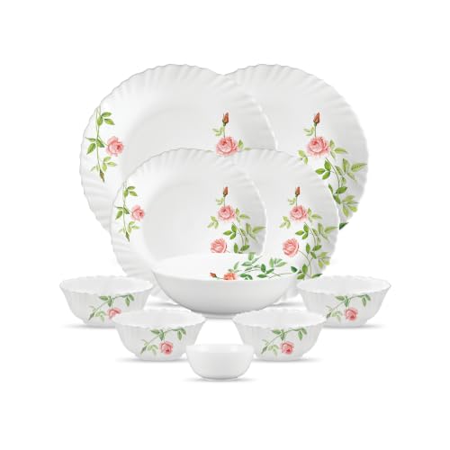 Image of La Opala Opal Glass Crockery | for Family of 2 | Dinner Set 10 pcs Rose Garden | Plates & Bowls for Dining | Microwave Safe | 100% Vegetarian | Extra Strong | Extra Light & White