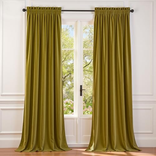 Image of Lazzzy Velvet Blackout Extra Long Curtains Thermal Insulated Room Window Drapes Super Soft Luxury Curtains for Living Room Bedroom Rod Pocket 2 Panels, Golden Olive, 52 inch W x 108 inch L