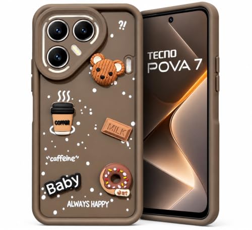 Image of Bintage Back Cover Compatible for Tecno LJ7 / Pova 7 5G | Cute Fun Ball | 3D Taddy Smiley Coffee | Milk Case | Full Body Protection - Brown