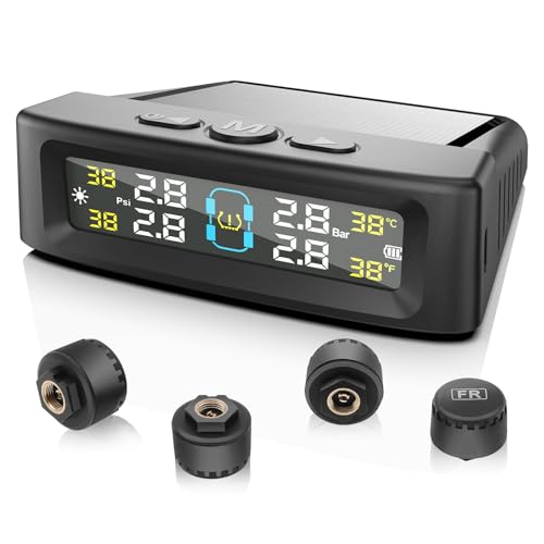 Avutrel Reifendruckkontrollsystem TPMS 0-5bar Solar USB Charging Reifendrucküberwachung, Digitalanzeige mit 4 Externen Reifendrucksensor 4 Alarmmodi, Echtzeitdruckanzeige für Auto Wohnmobilen