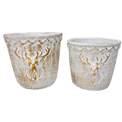 Online Fuchs 2 Blumentöpfe im Set mit edlen Hirschkopf - Vintage Look in Weiß, Gold - 17 cm groß - Innen und Außen - Topf geeignet für Blumen, Pflanzen und Kräuter
