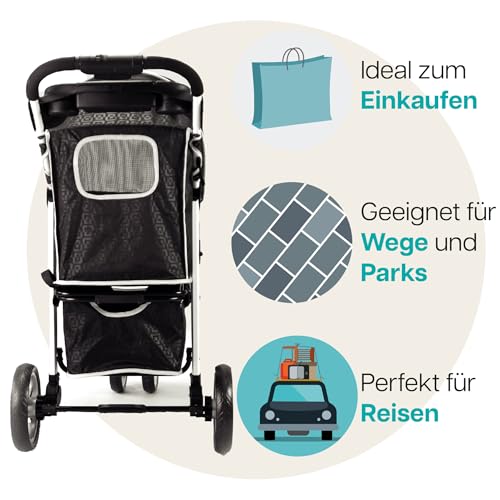Katzenbuggy, Hundewagen mit Regenschutz, einhändig klappbar – Innopet Hundebuggy Monaco schwarz mit Klickverschluss – herausnehmbarer Korb unten – 360° schwenkbares Vorderrad - Hundewagen