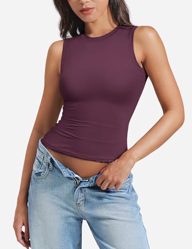 Image of YEOREO Women Basic Mock Neck Workout Crop Top Sleeveless Double Lined Tank Tee Slim Fitted Ruched Going Out Camisole