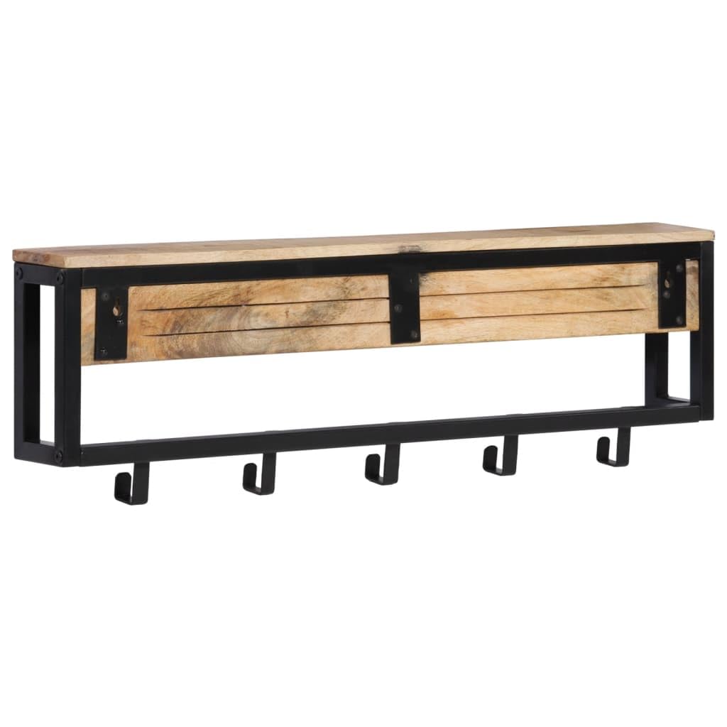 Perchero de madera maciza de mango con 5 ganchos, perchero de pared en diseño industrial, 87 x 10 x 27 cm, barra de ropa rústica para pasillo y entrada